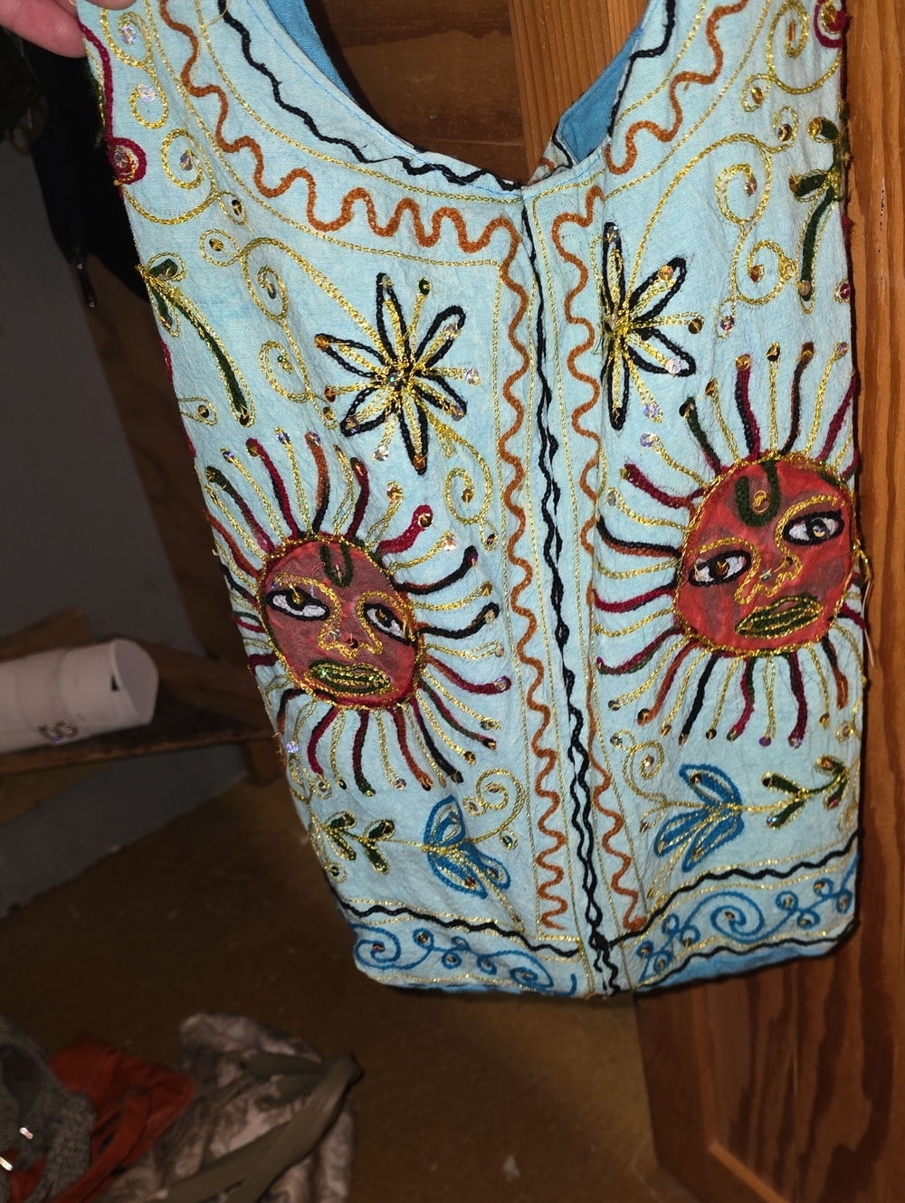 Hand-Embroidered Light Blue Sun Motif Tote - Bohemian Style